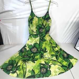 Vtg 60s Hawaii Sun Dress Green Floral XS/S Kimo's Polynesian Fit & Flare EXC